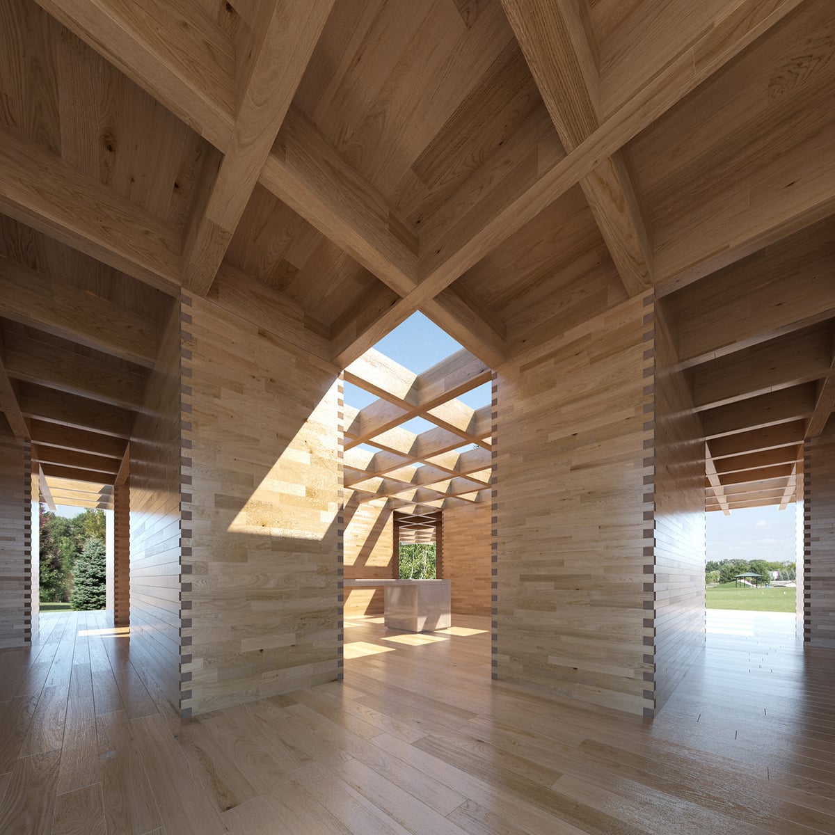 木の架構と天窓のある空間
